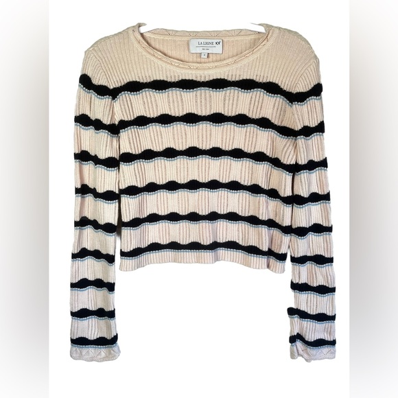 La Ligne Cotton Knit Pink with Blue Stripes Cropped Sweater Size S - Picture 2 of 5